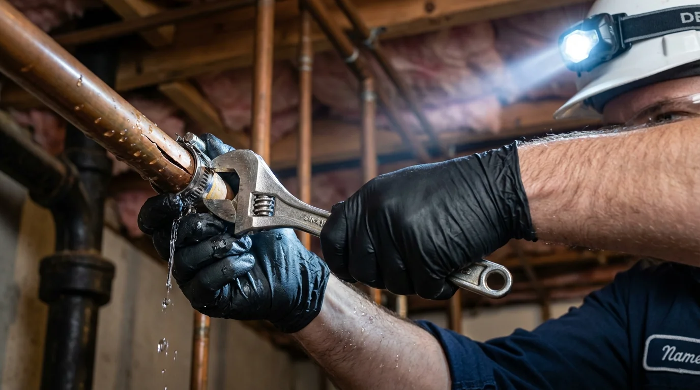 Emergency pipe clamp repair being performed by a Johns Plumbing LLC plumber in Villas