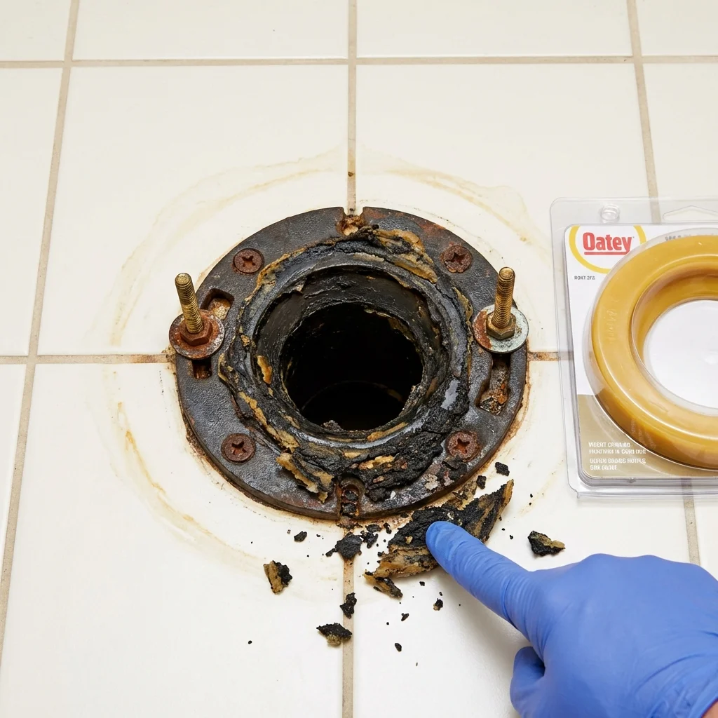Failed wax ring showing water seepage at the base of a toilet in a Villas, NJ home