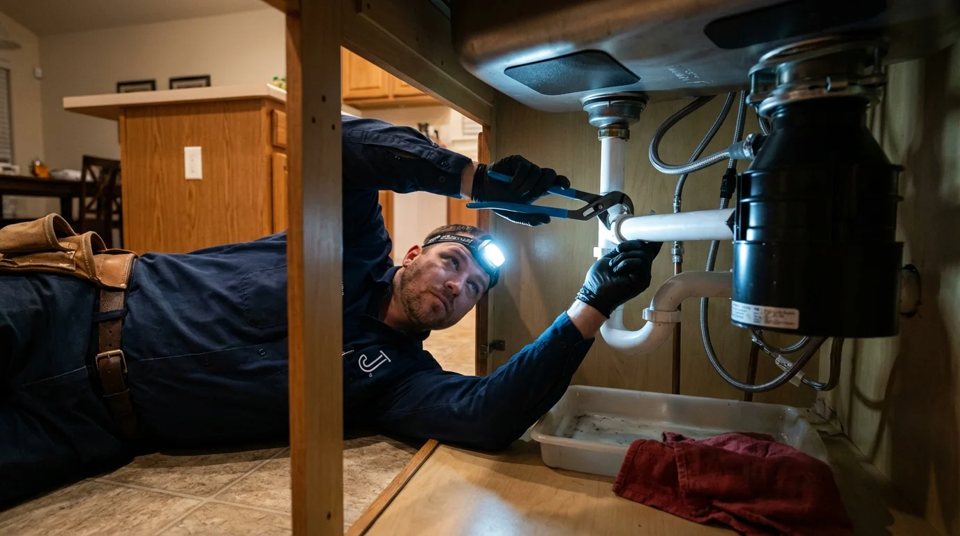 P-trap and supply line connections under a kitchen sink showing a common leak point in Villas, NJ